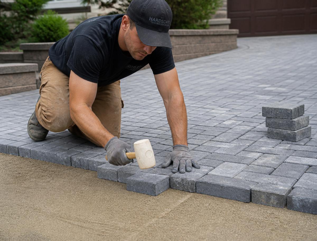 Contractor laying interlocking paver stones
